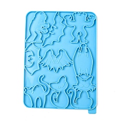 Deep Sky Blue Halloween Theme Zombie/Bat/Cat DIY Pendant Silicone Molds, Resin Casting Molds, for UV Resin, Epoxy Resin Jewelry Making, Deep Sky Blue, 221x185x6mm, Hole: 2mm, Inner Diameter: 28~71x28~86mm