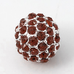 Коричневый Бусины из сплава и страза, класс А, круглые, серебряный цвет гальваническим, кофе, 10 мм, отверстие : 2 мм