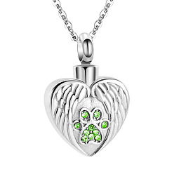 Green Stainless Steel Pendant Necklaces, Urn Ashes Necklace, Heart with Wing, Green, 0.98x0.71 inch(2.5x1.8cm)