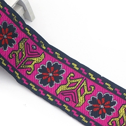 Fuchsia Flat Ethnic Style Embroidery Polyester Ribbons, Jacquard Ribbon, Garment Accessories, Fuchsia, 2 inch(50mm), about 7.66 Yards(7m)/pc