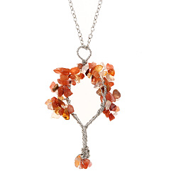 Carnelian Natural Carnelian Chips Tree of Life Pendant Necklaces, Brass Wire Wrap Necklace with Alloy Chains, 20.08 inch(51cm)