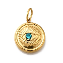 Индиколит 304 подвески из нержавеющей стали, со стразами и прыжковыми кольцами, ионное покрытие (ip), плоский круглый с шармом в виде глаз, реальный 14 k позолоченный, Indicolite, 18x15.5x3.5 мм, отверстие : 5x2.5 мм