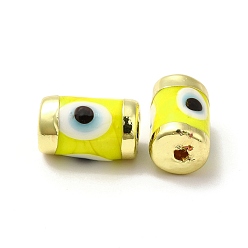 Yellow Handmade Evil Eye Lampwork Beads, with Light Gold Tone Brass Findings, Long-Lasting Plated, Lead Free and Cadimum Free, Column, Yellow, 14.5~15x9~9.5mm, Hole: 1.8mm
