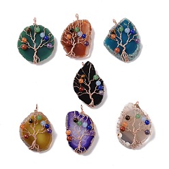 Mixed Color Natural Agate Big Pendants, with Rack Plating Brass Wires, Chakra Gemstone Beads, Cadmium Free & Lead Free, Dyed & Heated, Nuggets with Tree, Rose Gold, Mixed Color, 58~62x37~47x13~14mm, Hole: 4~6mm
