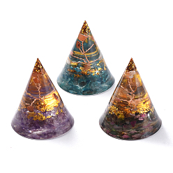 Mixed Stone Orgonite Pyramid, Resin Pointed Home Display Decorations, with Natural Mixed Stone, Gold Foil and Copper Wires Inside, 50x59mm