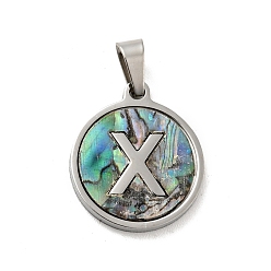 Letter X 304 Stainless Steel with Paua Shell Pendants, Stainless Steel Color, Flat Round with Letter Charm, Letter.X, 18x16x1.5mm, Hole: 3x6mm