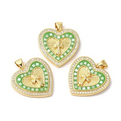 Зеленый лайм Сердце с подвесками из латуни с микропаве и цирконием, с эмалью и ракушкой, долговечный, без свинца и без кадмия, реальный 18 k позолоченный, зеленый лайм, 23x22.5x4 мм, отверстие : 5x3 мм