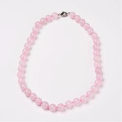 Rose Quartz Natural Rose Quartz Beads Necklaces, with Brass Lobster Claw Clasps, Round, 17.7 inch(45cm) long, beads: 12mm