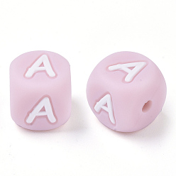 Letter A Food Grade Eco-Friendly Silicone Beads, Horizontal Hole, Chewing Beads For Teethers, DIY Nursing Necklaces Making, Letter Style, Cube, Pink, Letter.A, 12x12x12mm, Hole: 2mm