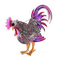Dark Violet Rhinestone Rooster Brooch Pin, Chinese Zodiac Alloy Badge for Backpack Clothes, Dark Violet, 65x50mm