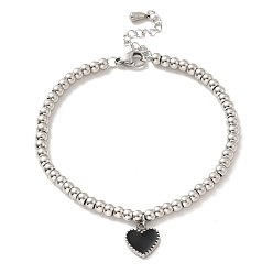 Stainless Steel Color 304 Stainless Steel Heart Charm Bracelet with Enamel, 201 Stainless Steel Round Beads Bracelet for Women, Stainless Steel Color, 8-3/8 inch(21.4cm)