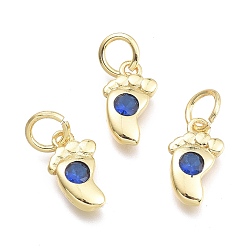Marine Blue Brass Micro Pave Cubic Zirconia Pendants, with Jump Ring, Baby Foot, Real 18K Gold Plated, Marine Blue, 10.5x6x2.2mm, Ring: 5x0.8mm, Hole: 3mm