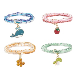 Mixed Color 4Pcs 4 Style Glass Seed Beaded 4 Layer Multi-strand Bracelets Set, Whale & Strawberry & Honeycomb Alloy Enamel Charms Stackable Bracelets for Women, Mixed Color, Inner Diameter: 2-1/4 inch(5.85cm), 1Pc/style