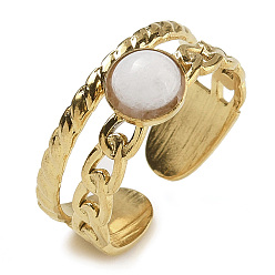 Белый Нефрит Натуральный белый нефрит палец кольца, 304 Открытые манжетные кольца из нержавеющей стали с ионным покрытием (IP), реальный 18 k позолоченный, 8.5 мм, регулируемый