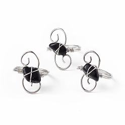 Black Agate Natural Black Agate Chips with Vortex Finger Ring, Platinum Brass Wire Wrap Jewelry for Women, Inner Diameter: 18mm