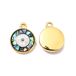 Golden Natural White Shell Epoxy Resin Charms, with Brass Cubic Zirconia Findings, Cadmium Free & Lead Free, Flat Round with Evil Eye, Golden, 12x10x3.5mm, Hole: 1.2mm