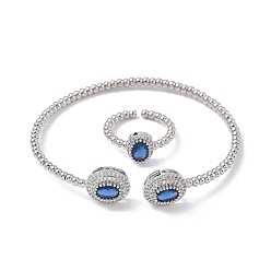 Королевский синий Овальные латунные браслеты-манжеты и кольца с микропаве из кубического циркония для женщин, стойки покрытие, платина, королевский синий, браслет: 3~11.5ширина мм, 61x52 мм внутренним диаметром