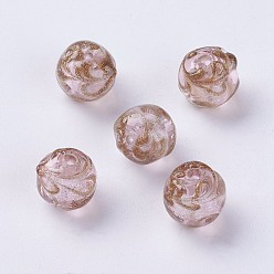Pink Handmade Silver Foil Lampwork Beads, with Gold Sand, Round, Pink, 12mm, Hole: 1mm