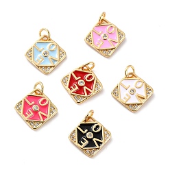 Mixed Color Brass Micro Pave Cubic Zirconia Pendants, with Enamel, Long-Lasting Plated, Cadmium Free & Lead Free, Real 18K Gold Plated, Rhombus with Word LOVE, Mixed Color, 11.5x11.5x2mm, Hole: 3.6mm