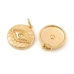 Real 18K Gold Plated Brass Pendant Rhinestone Settings, with Jump Rings, Flat Round with Evil Eye, Real 18K Gold Plated, Fit For 2mm rhinestone, 15.5x14.5x2.5mm, Hole: 3.5mm
