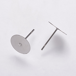 Stainless Steel Color 304 Stainless Steel Stud Earring Settings, Flat Pad Earring Post, Flat Round, Stainless Steel Color, Tray: 10mm, 12x10mm, Pin: 0.7mm