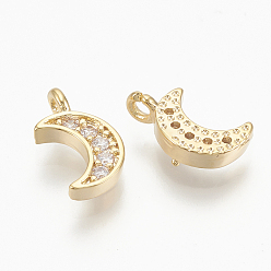 Real 18K Gold Plated Brass Micro Pave Cubic Zirconia Charms, Moon, Nickel Free, Real 18K Gold Plated, 9.5x5x1.5mm, Hole: 1mm