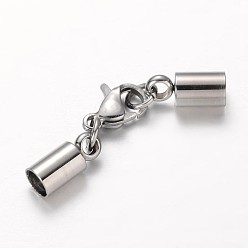 Stainless Steel Color 304 Stainless Steel Tube Cord Ends, with Lobster Claw Clasps, Stainless Steel Color, 35mm, Hole: 4mm