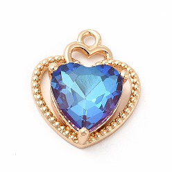 Sapphire Brass with K9 Glass Charms, Golden, Heart Charms, Sapphire, 18x15.5x6mm, Hole: 1.5mm