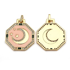 Bisque Brass Micro Pave Clear Cubic Zirconia Pendants, Long-Lasting Plated, with Jump Rings & Enamel, Real 18K Gold Plated, Octagon with Moon, Bisque, 29x25x2.4mm, Hole: 4.3x2.6mm
