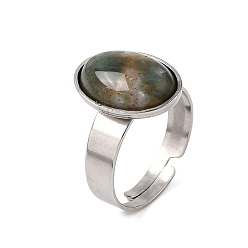 Indian Agate Adjustable 304 Stainless Steel Finger Rings for Women, with Natural Indian Agate, Oval, Stainless Steel Color, 17mm