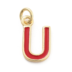 Letter U Стойки обшивки латунные подвески, с эмалью и кольцом для прыжков, без кадмия и без свинца, долговечный, реальный 18 k позолоченный, буквы, Буква U, 11.5x7x1 мм, отверстие : 2.5 мм