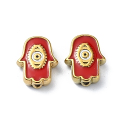 FireBrick Ion Plating(IP) 304 Stainless Steel Enamel Beads, Real 18K Gold Plated, Hamsa Hand with Eye, FireBrick, 9x12x3.5mm, Hole: 1.2mm