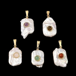 Mixed Stone Natural Mixed Gemstone Pendants, Natural Baroque Keshi Pearl Rectangle Charms with 304 Stainless Steel Snap on Bails, Golden, White, Mixed Dyed and Undyed, 21.5~26x12.5~13.5x6.5~8mm, Hole: 2.5x6mm
