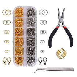 Platinum & Golden DIY Jewelry Finding Kits, with Iron Jump Rings, Zinc Alloy Lobster Claw Clasps, Brass Assistant Tool, Stainless Steel Beading Tweezers and Carbon Steel Bent Nose Jewelry Plier, Platinum & Golden, 130x50x15mm