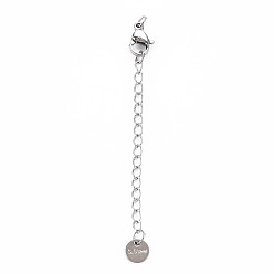 Stainless Steel Color 304 Stainless Steel Chain Extender, Cadmium Free & Nickel Free & Lead Free, with Clasps and Tiny Flat Round Charm, Stainless Steel Color, 50mm, Hole: 2.5mm