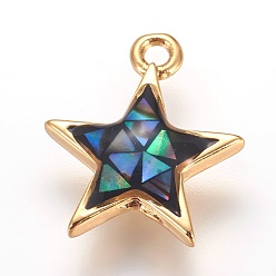 Black Brass Enamel Charms, with Freshwater Shell, Star, Golden, Black, 13x11x2.5mm, Hole: 1.2mm