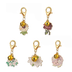 Mixed Color Alloy Enamel Pendant Decoraiton, with Brass Bell Charms and Zinc Alloy Lobster Claw Clasps, Mixed Color, 34~40.5mm, 5pcs/set