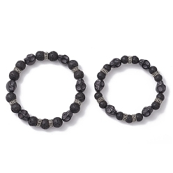 Черный 2 шт. 2 стили браслеты на Хэллоуин из натуральной лавы, круглой и окрашенной синтетической бирюзы с черепами, растягивающиеся, наборы для женщин и мужчин, чёрные, внутренний диаметр: 2-1/4~2-1/2 дюйм (5.7~6.3 см), 1 шт / стиль
