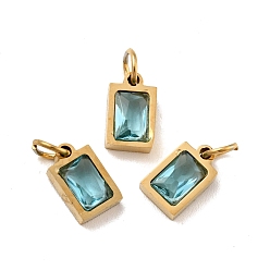 Pale Turquoise Vacuum Plating 304 Stainless Steel Pendants, with Cubic Zirconia and Jump Rings, Single Stone Charms, Rectangle, Golden, Pale Turquoise, 9.5x6x3mm, Hole: 3.6mm