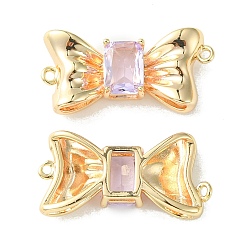 Lilac Brass Pave Cubic Zirconia Connector Charms, Real 18K Gold Plated, Bowknot Links, Lilac, 11x23x4.5mm, Hole: 1mm