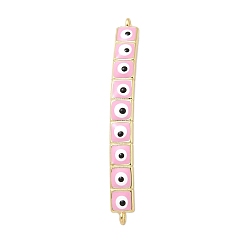 Pink Rack Plating Brass Enamel Evil Eye Connector Charms, Rectangle Links, Real 18K Gold Plated, Long-Lasting Plated, Cadmium Free & Lead Free, Pink, 38x4x6mm, Hole: 1mm and 1.2mm