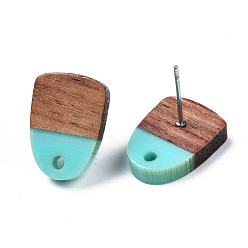 Темно-бирюзовый Серьги-гвоздики из непрозрачной смолы и орехового дерева, с 304 штифтом и отверстием из нержавеющей стали, два тона, половину овальной, темные бирюзовый, 15x11 мм, отверстие : 1.8 мм, штифты : 0.7 мм