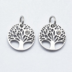 Stainless Steel Color 316 Surgical Stainless Steel Pendants, with Cubic Zirconia, Flat Round with Tree, Clear, Stainless Steel Color, 12x1.5mm, Hole: 3mm