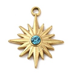 Deep Sky Blue Real 18K Gold Plated 304 Stainless Steel Pendants, with Glass, Sun Charms, Deep Sky Blue, 20x17x3mm, Hole: 1.5mm