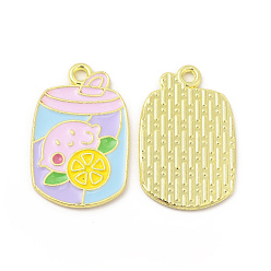 Pink Rack Plating Alloy Pendants, with Enamel, Cadmium Free & Nickel Free & Lead Free, Lemon Drink Charm, Light Gold, Pink, 24x15.5x1.3mm, Hole: 1.8mm