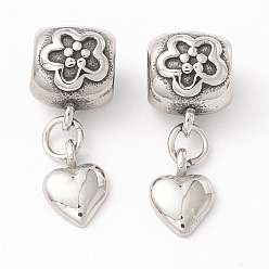 Antique Silver 304 Stainless Steel European Dangle Charms, Large Hole Pendants, Manual Polishing, Heart, Antique Silver, 23.5mm, Hole: 4.8mm, Heart: 10x7x3mm