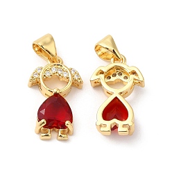 Red Real 16K Gold Plated Brass Micro Pave Cubic Zirconia Pendants, with Glass, Girl Charms, Red, 18x11x4.5mm, Hole: 4.5x3.5mm