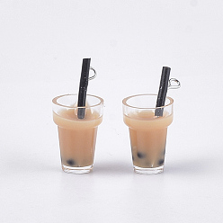 Sandy Brown Plastic Cup Pendants, with Resin Inside and Iron Findings, Imitation Bubble Tea/Boba Milk Tea, Sandy Brown, 23~28x13~17x13mm, Hole: 1.8mm