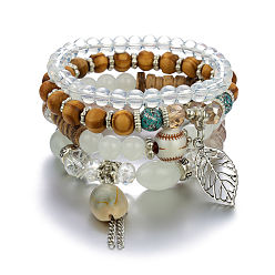 Beige B0020-2 Bohemian Beach Shell Tassel Multi-layer Bracelet Set for Women with Wood Beads, Crystals and Coconut Shells