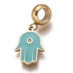 Turquoise 304 Stainless Steel European Dangle Charms, Large Hole Pendants, with Crystal Rhinestone and Enamel, Hamsa Hand/Hand of Miriam, Golden, Turquoise, 24mm, Hole: 4.5mm, Pendant: 15x11x1.5mm